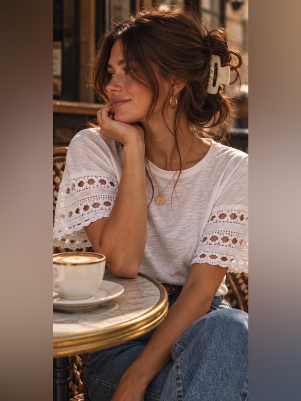 Sézane Hortense T-Shirt White Organic Cotton Lace Sleeve Top old money coastal